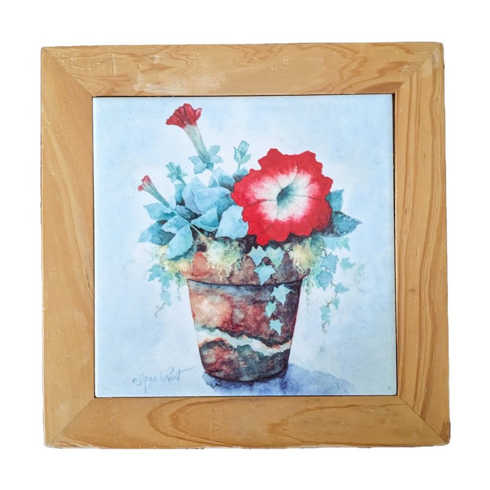 Vint. ANNIE LAPOINT Ceramic Tile Wall Hanging/Trivet w/ Petunias & Ivy